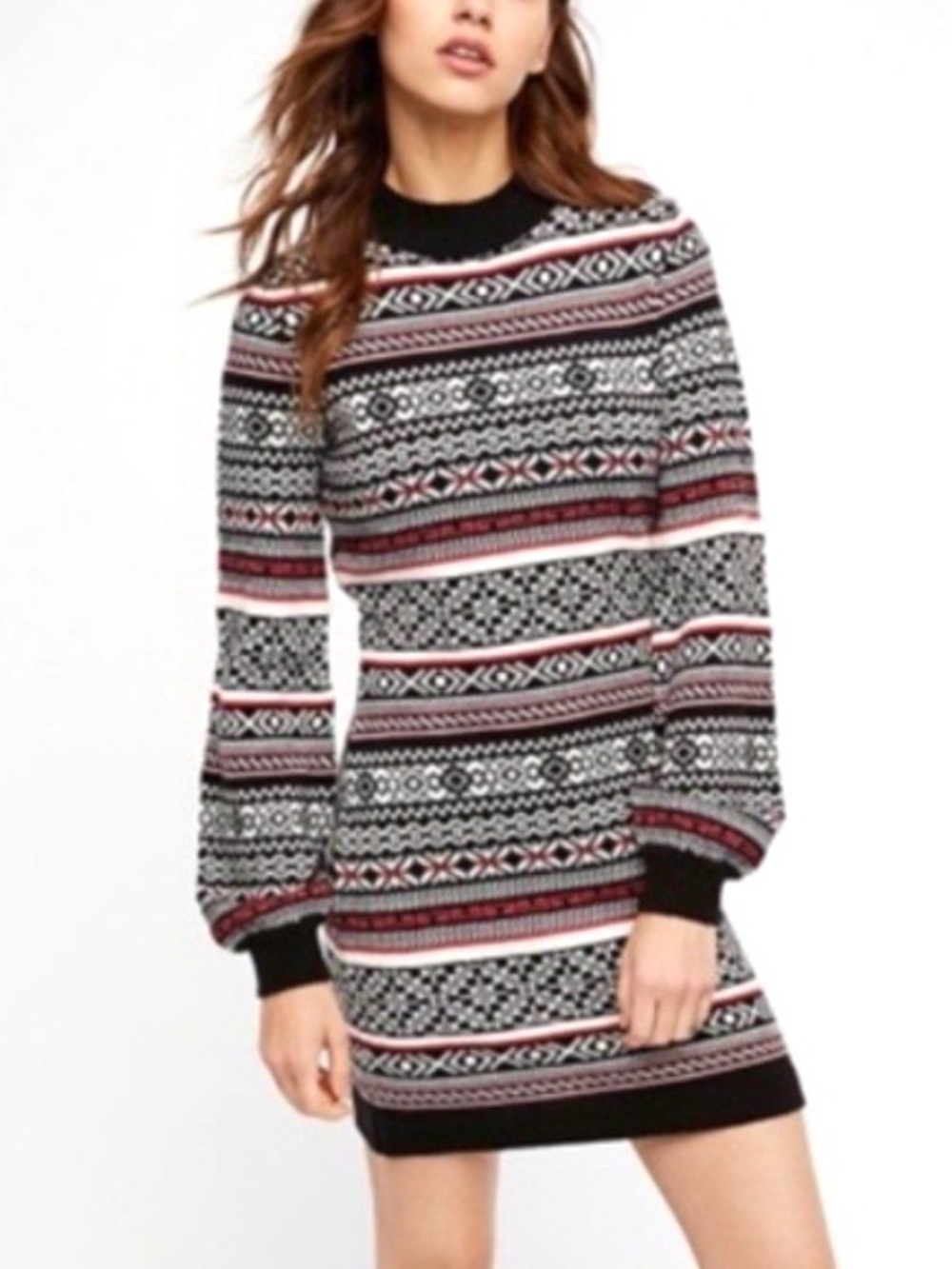 Free People Faero Fair Isle Balloon Sleeve Sweater Dress Sz Small Nordic Stripe